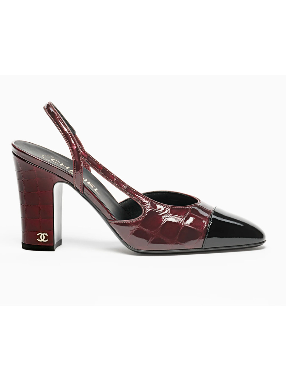 Chanel 26A Burgundy Black Crocodile Coco Sling Slingback Block Heel Pump 36.5c